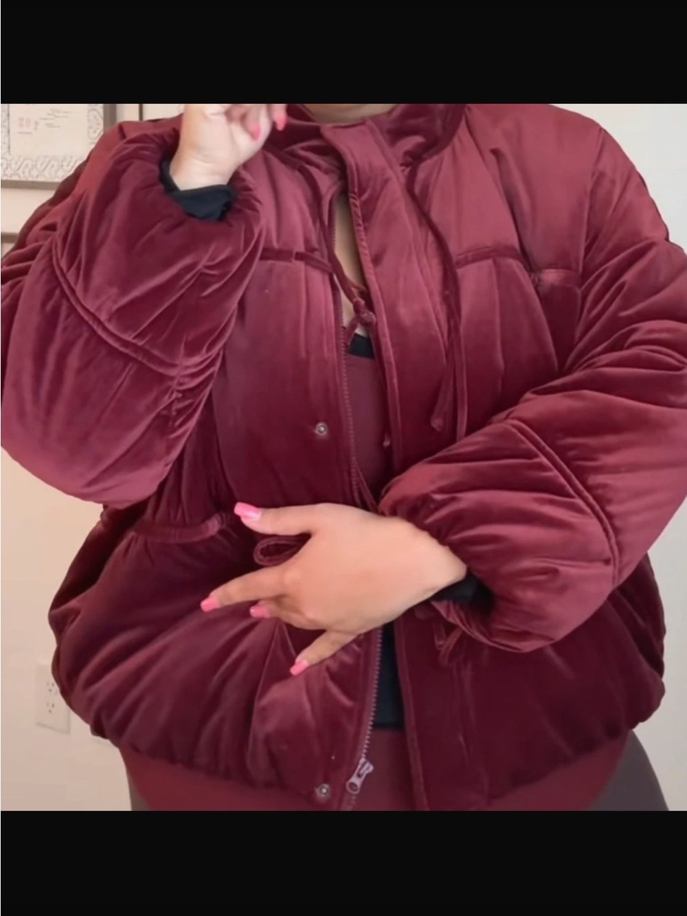 Velvet Quilted Puffer Jacket - Burgundy
